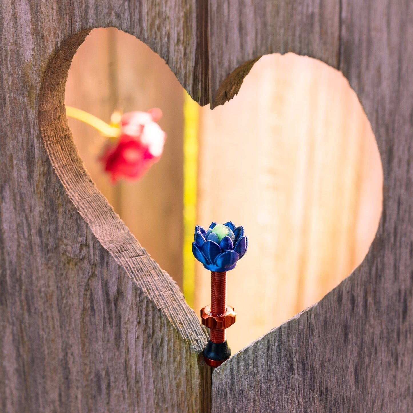 Heart-shaped wooden cutout with a blue flower and red heart inside on a wooden background